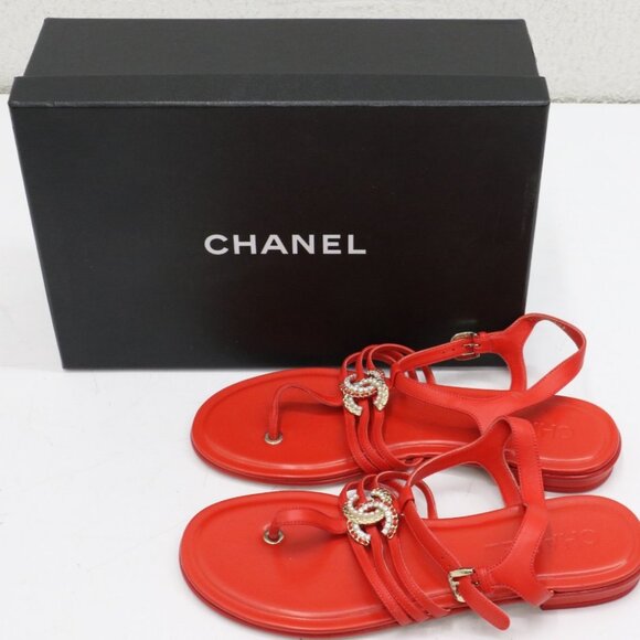 Chanel Lambskin Pearl Crystal CC Thong Sandals Red Size 40/US 10 - Picture 2 of 16